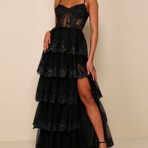 Lulus Alluring Sensation Black Tulle Embroidered Tiered Maxi Dress - Size XS